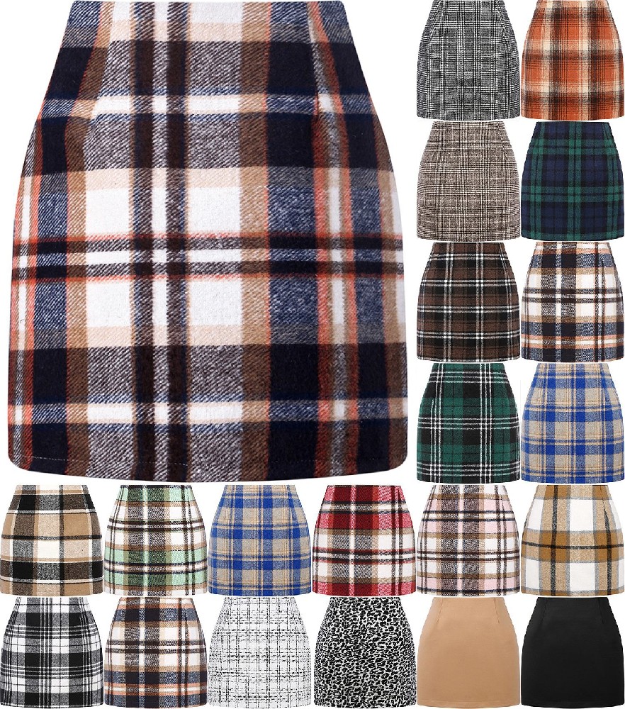 Womens High Waist Plaid Skirt Bodycon Pencil Wool Mini Skirts