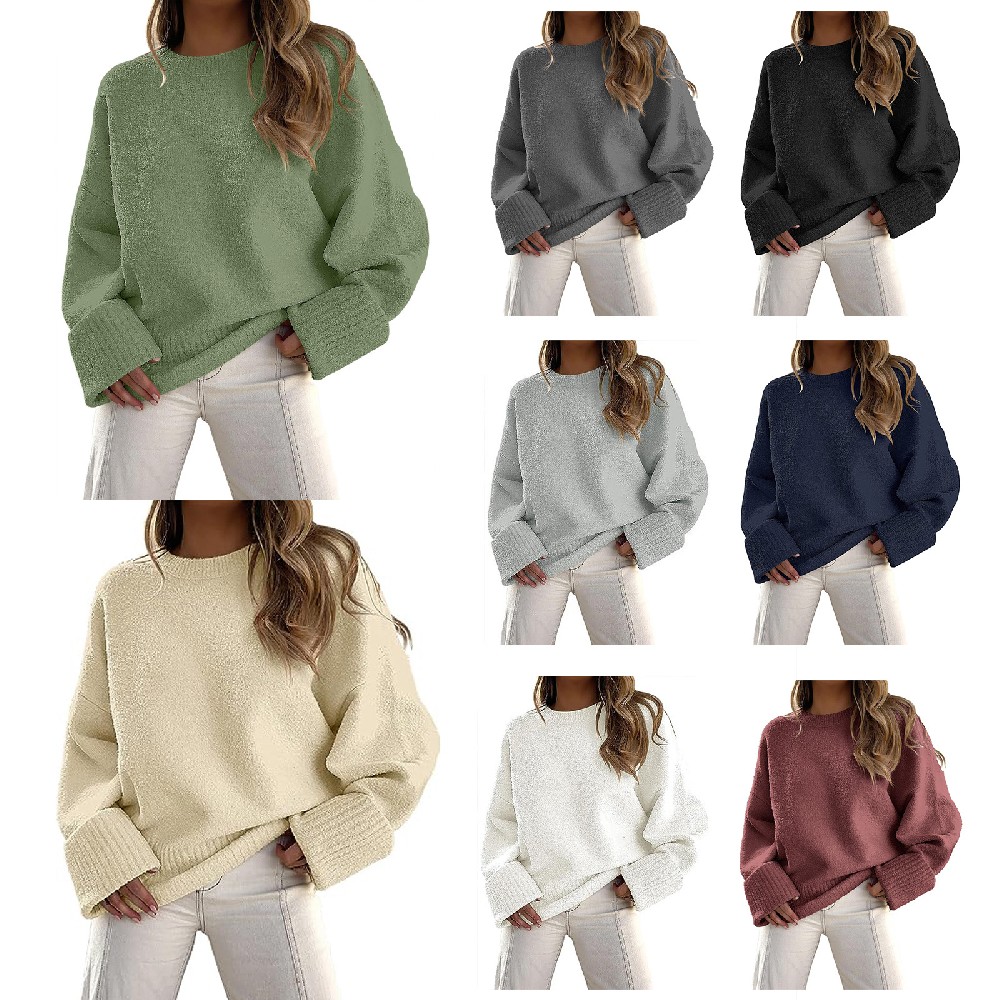 Women's Crewneck Long Sleeve Oversized Fuzzy Knit Chunky Warm Pullover Sweater Top