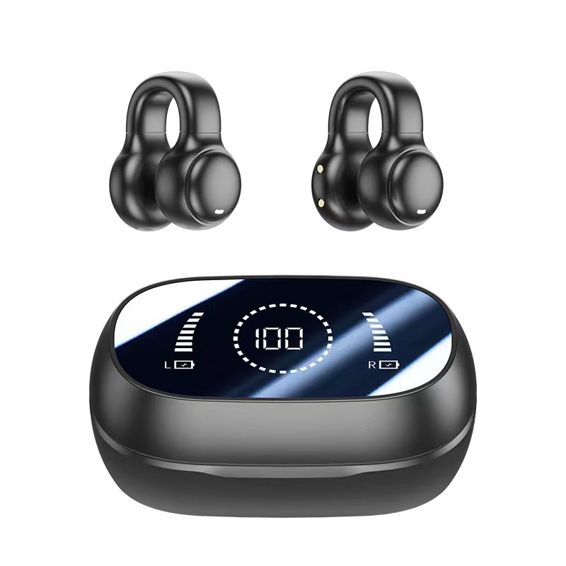 Open Ear Clip Wireless Earbuds Bluetooth 5.3, Sports Earphones Built-in Microphone with Earhooks & Ear Hook, Wireless Charging Case & Display, Waterproof Fitness Headphones for Running