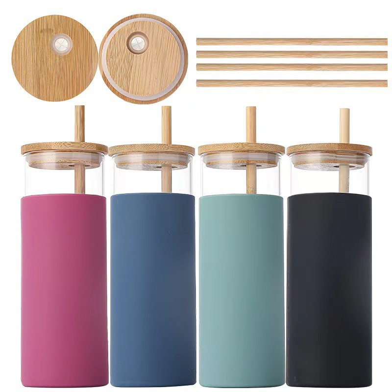 OZ400 17 oz Reusable Glass Cups Tumbler with Bamboo Lids and Straws